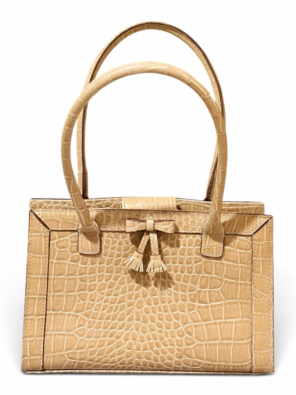 Liz Claiborne Tan Croc-Embossed Satchel with Tassel Bow Vintage Y2K